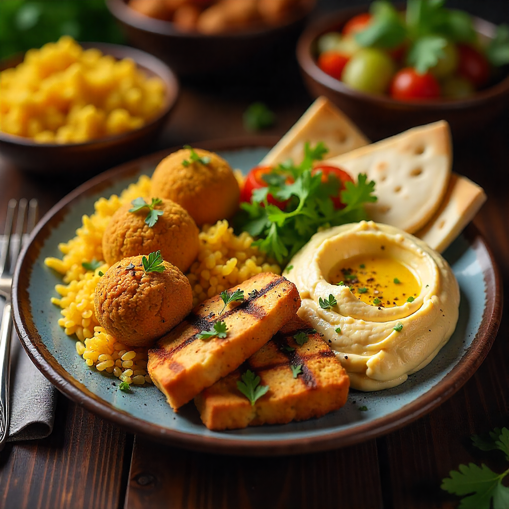 Mezza Mediterranean Grille Mixed Platter with Chicken, Falafel, and Rice